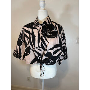 Women's JUCCA Black & Pink Floral Button Down Shirt S. Boxy, dolman drawstring